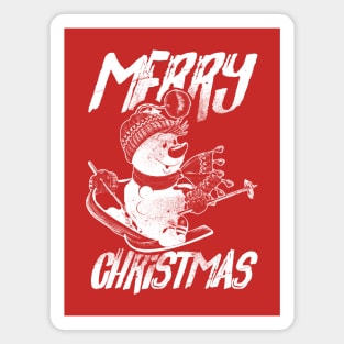 Skiing Snowman - Merry Christmas - White Magnet